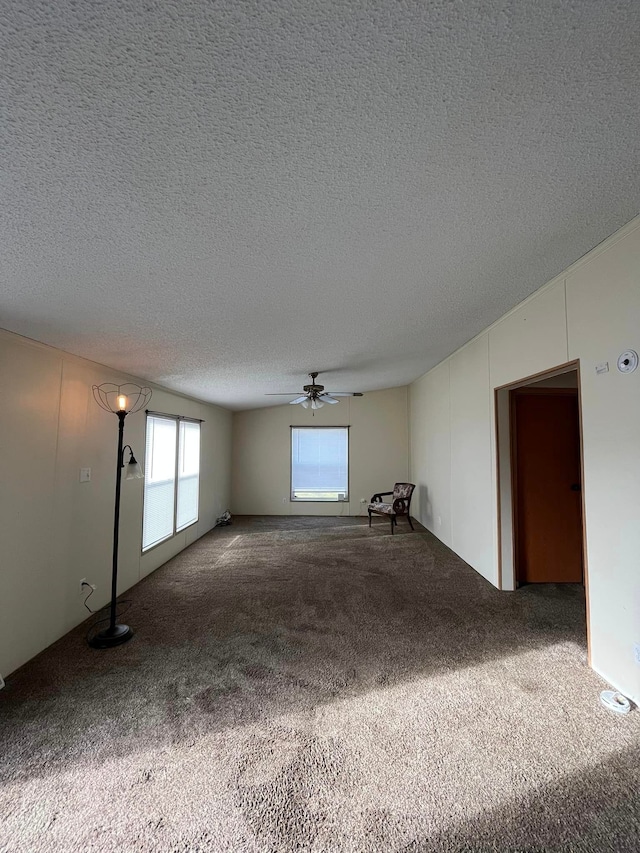 empty room with carpet, ceiling fan, and a textured ceiling