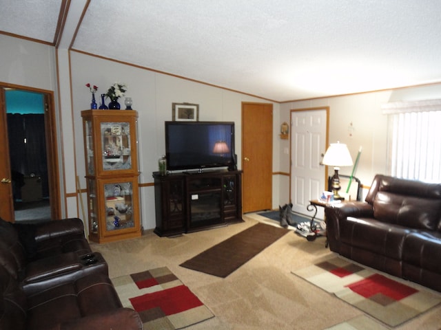 carpeted living room with a textured ceiling, crown molding, and vaulted ceiling