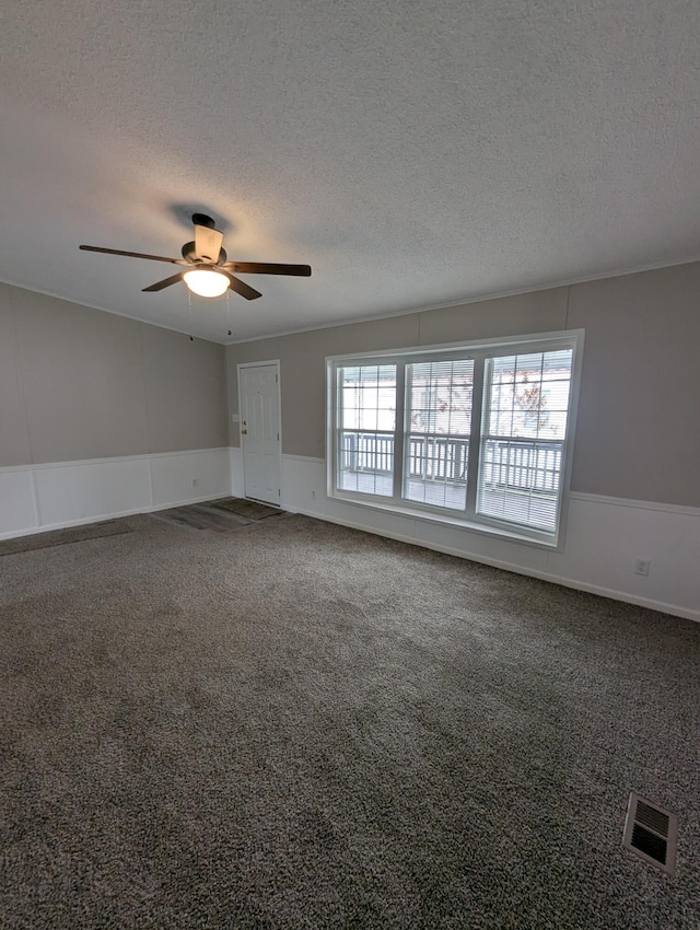 carpeted empty room featuring ceiling fan, plenty of natural light, and a textured ceiling