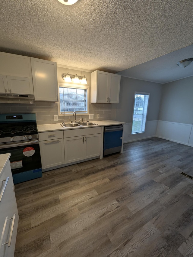 kitchen featuring sink, dark hardwood / wood-style floors, decorative backsplash, appliances with stainless steel finishes, and white cabinetry