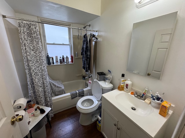 full bathroom with shower / bathtub combination with curtain, vanity, wood-type flooring, and toilet