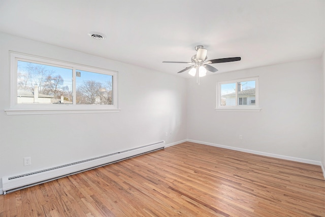 unfurnished room with light wood-type flooring, ceiling fan, and baseboard heating