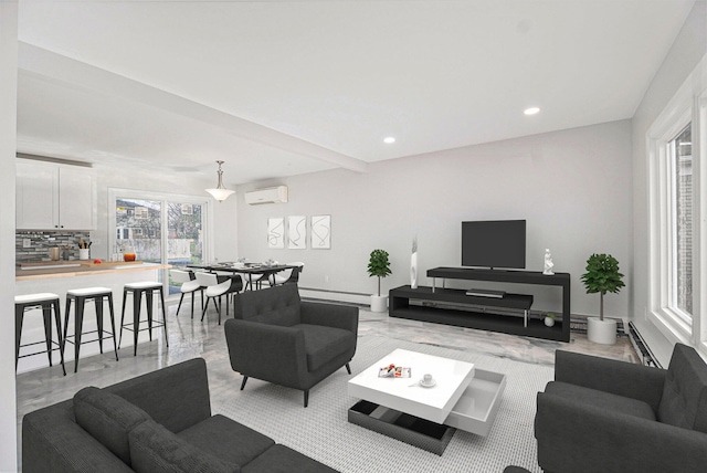 living room featuring a baseboard heating unit, beam ceiling, and a wall unit AC