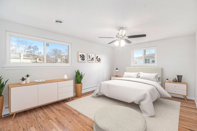 bedroom with ceiling fan, a baseboard radiator, and light hardwood / wood-style flooring