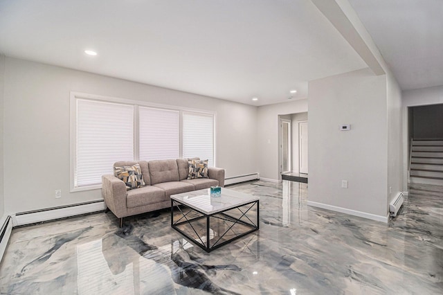 living room featuring a baseboard heating unit