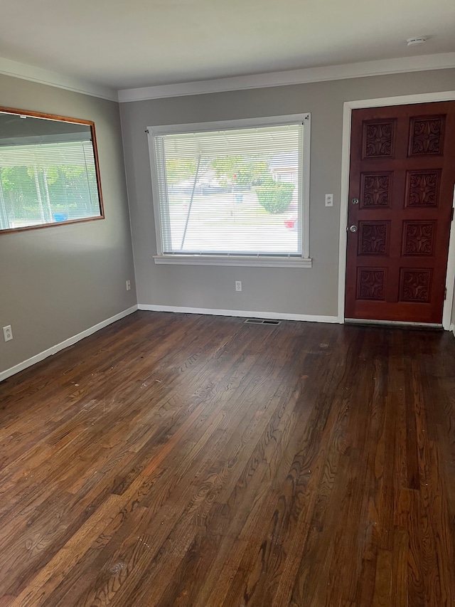 interior space featuring crown molding and dark hardwood / wood-style floors