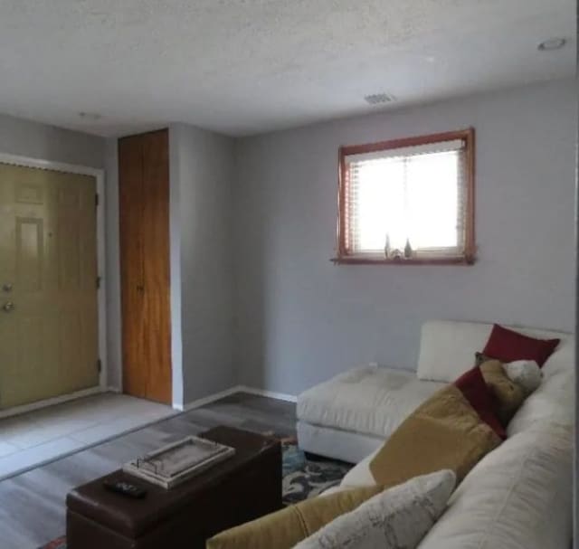 living room with wood-type flooring and a textured ceiling