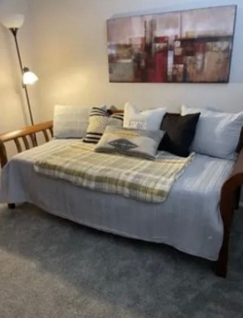 bedroom with dark colored carpet