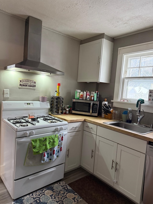 kitchen with stainless steel appliances, sink, wall chimney range hood, white cabinets, and dark hardwood / wood-style floors