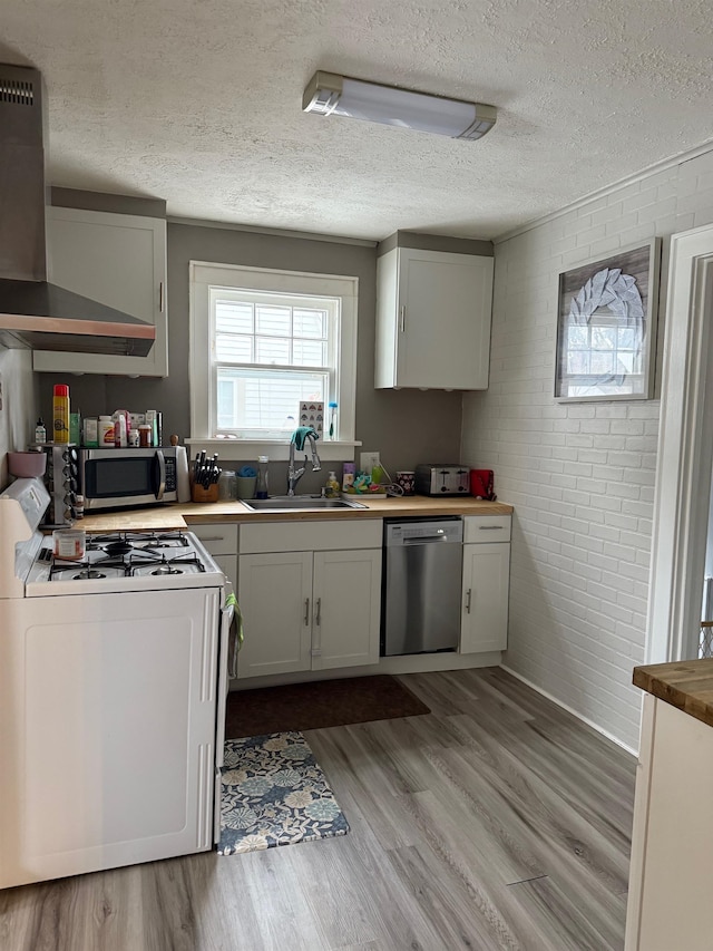 kitchen featuring appliances with stainless steel finishes, sink, light hardwood / wood-style flooring, white cabinets, and range hood