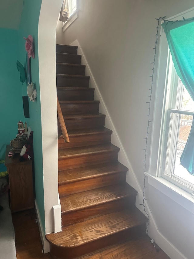 stairway featuring hardwood / wood-style flooring