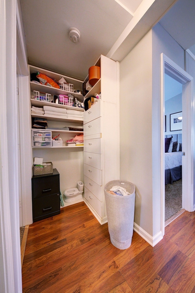 walk in closet with dark hardwood / wood-style flooring