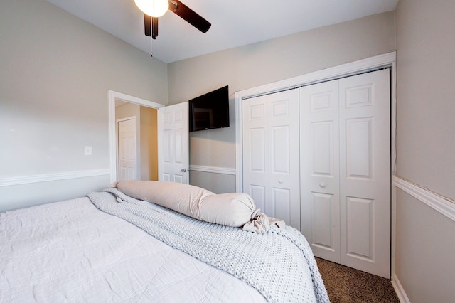 bedroom featuring ceiling fan, carpet floors, and a closet