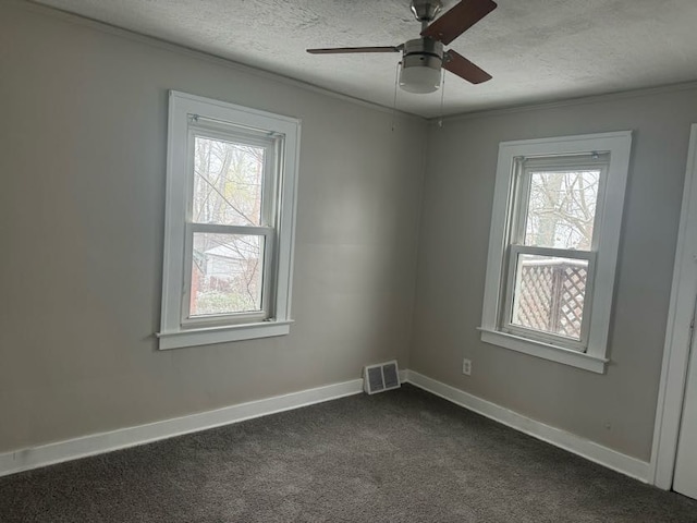 carpeted empty room featuring ceiling fan, ornamental molding, a textured ceiling, and a wealth of natural light