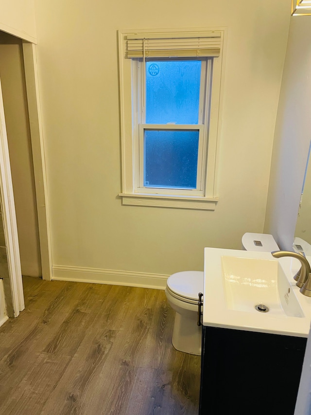 bathroom featuring wood-type flooring, toilet, and vanity