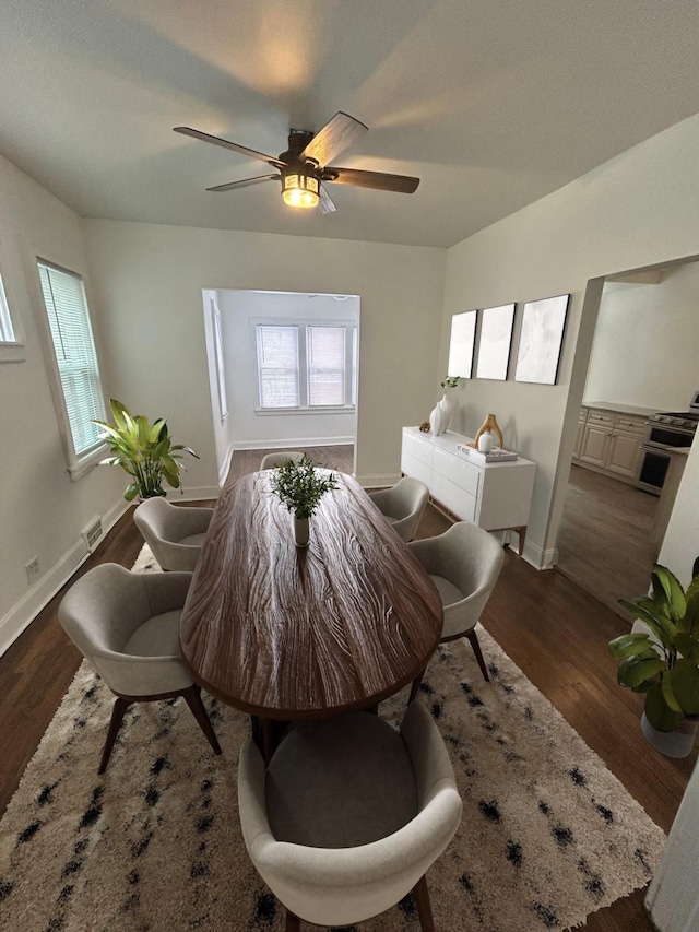 interior space with ceiling fan and dark hardwood / wood-style flooring