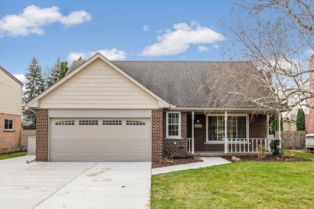 ranch-style home featuring a porch, a garage, and a front lawn