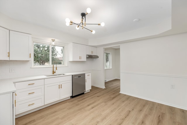 kitchen with sink, light hardwood / wood-style flooring, stainless steel dishwasher, pendant lighting, and white cabinets