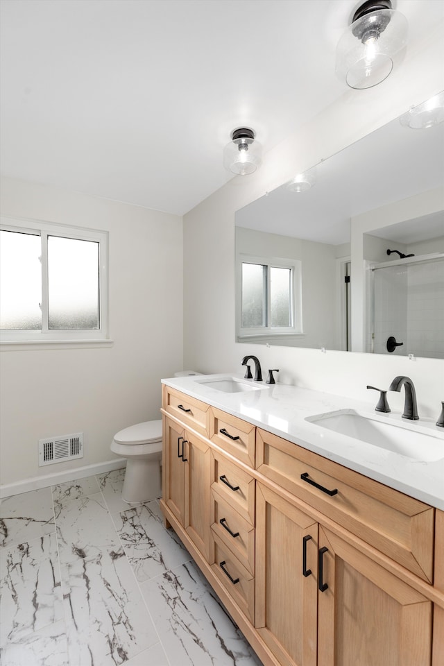 bathroom with vanity, a healthy amount of sunlight, toilet, and walk in shower