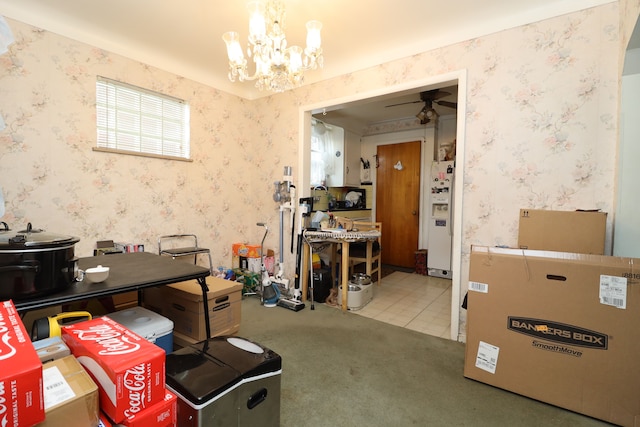 miscellaneous room featuring carpet and ceiling fan with notable chandelier