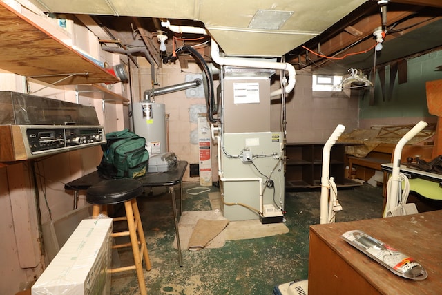 basement featuring gas water heater and heating unit