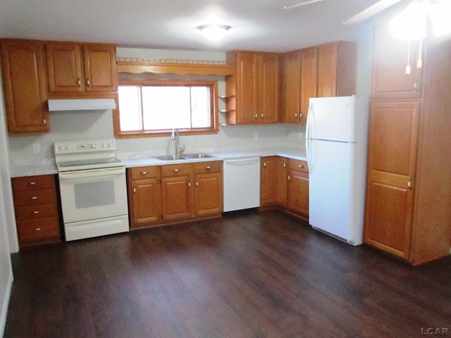 kitchen with range hood, sink, dark hardwood / wood-style floors, and white appliances