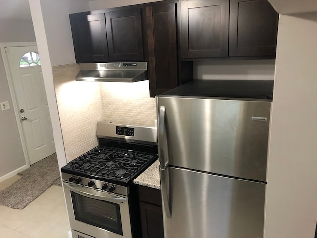 kitchen with backsplash, dark brown cabinets, and stainless steel appliances