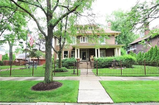 90 Edison St, Detroit, MI 48202 - american foursquare style home with a gate, a chimney, and covered porch