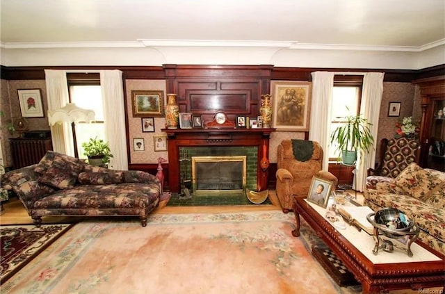 living room featuring a fireplace and ornamental molding