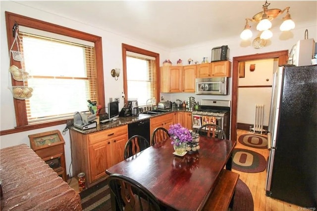 kitchen with appliances with stainless steel finishes, sink, light hardwood / wood-style flooring, a chandelier, and radiator heating unit