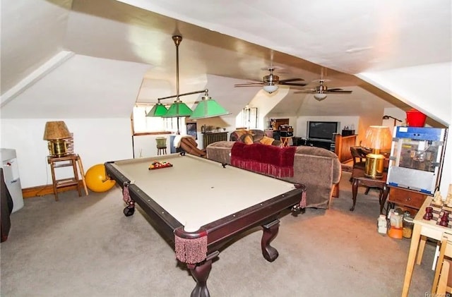 rec room featuring light carpet, ceiling fan, lofted ceiling, and billiards