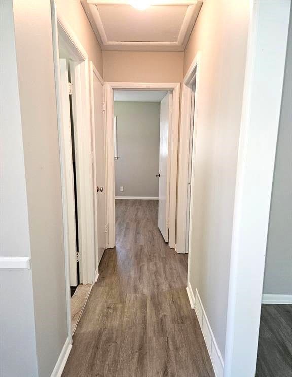 hallway with dark hardwood / wood-style flooring