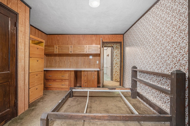 interior space with carpet, a textured ceiling, wooden walls, and ornamental molding