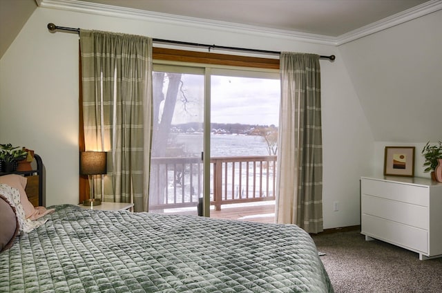 carpeted bedroom featuring ornamental molding and access to outside