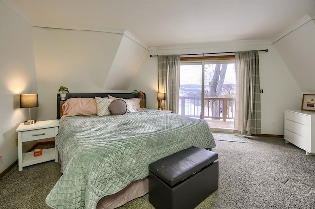 carpeted bedroom with access to exterior, crown molding, and lofted ceiling