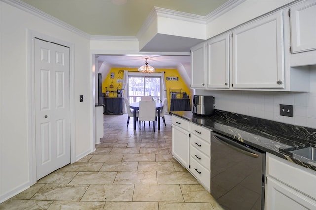 kitchen with dishwasher, an inviting chandelier, crown molding, hanging light fixtures, and white cabinetry