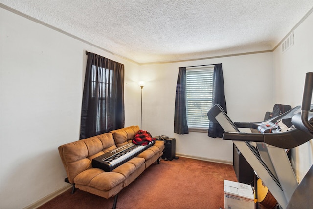 carpeted office space featuring ornamental molding and a textured ceiling