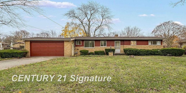 single story home featuring a front yard and a garage