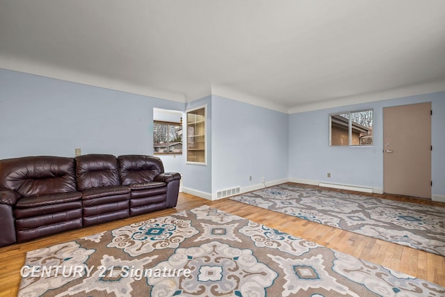 living room featuring hardwood / wood-style flooring and a baseboard radiator