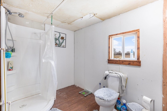 bathroom featuring a shower with curtain, toilet, and wood-type flooring