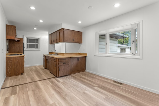 kitchen with sink, ornamental molding, and light wood-type flooring