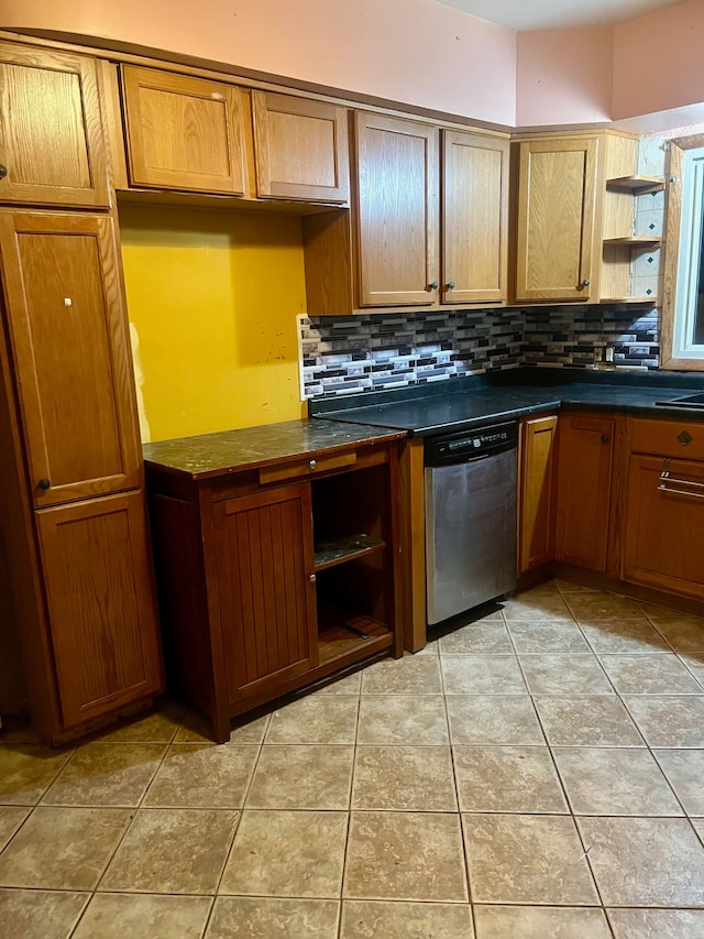 kitchen with dishwasher, light tile patterned floors, and tasteful backsplash