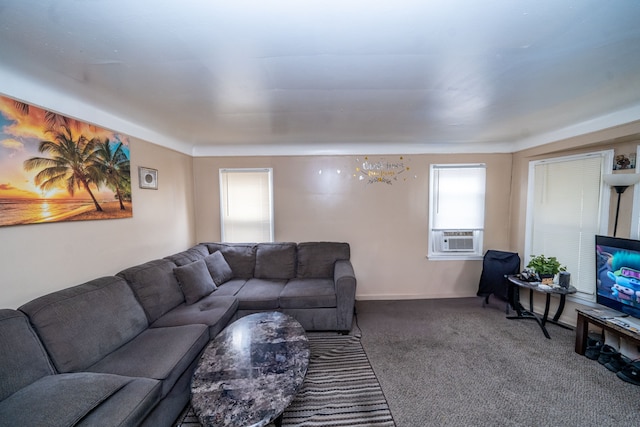 living room with carpet, plenty of natural light, and cooling unit