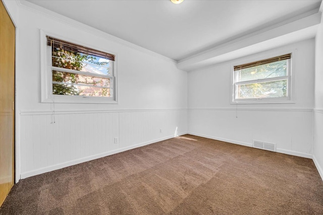 spare room with carpet, a wealth of natural light, and crown molding