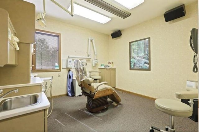 interior space with sink and dark colored carpet