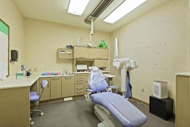 miscellaneous room featuring vaulted ceiling and dark colored carpet