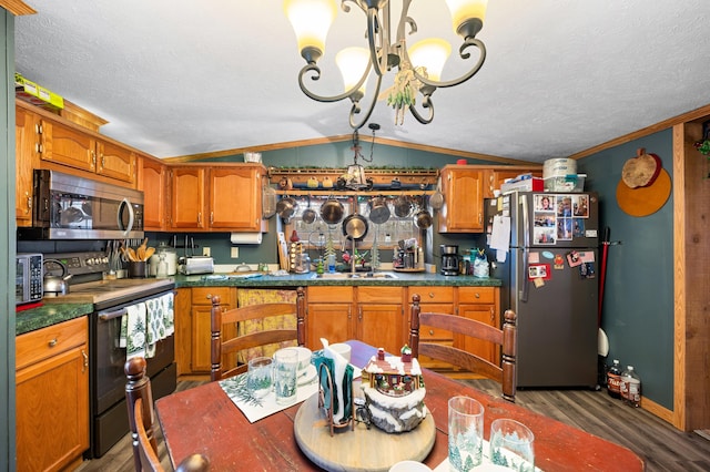 kitchen featuring sink, vaulted ceiling, dark hardwood / wood-style floors, appliances with stainless steel finishes, and a notable chandelier