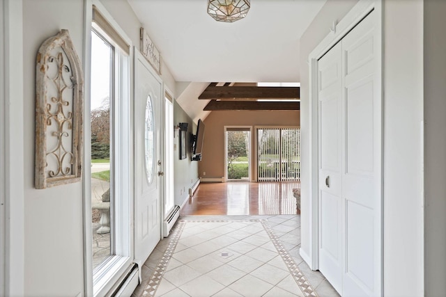 interior space with beam ceiling and baseboard heating