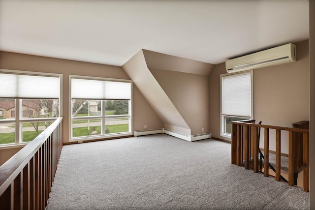 additional living space featuring lofted ceiling, light colored carpet, a wall mounted AC, and a baseboard heating unit