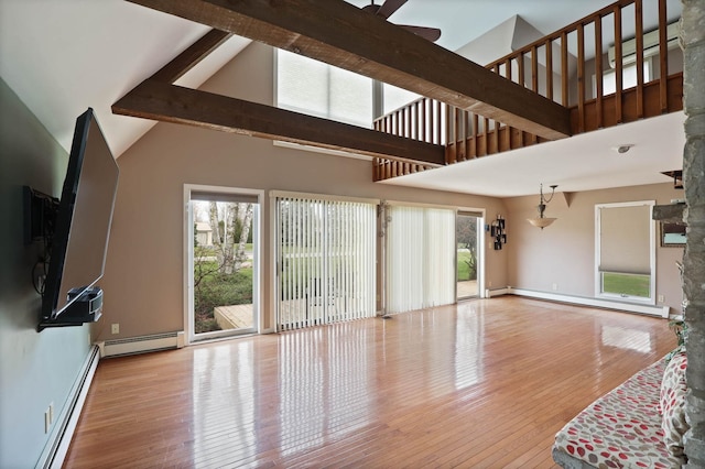 unfurnished living room featuring beam ceiling, light hardwood / wood-style floors, high vaulted ceiling, and baseboard heating